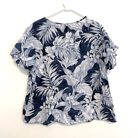 H&M L.O.G.G. V-Neck Cotton Blouse Blue Tropical Hawaiian Floral Leaf Leaves Boho - Picture 10 of 12